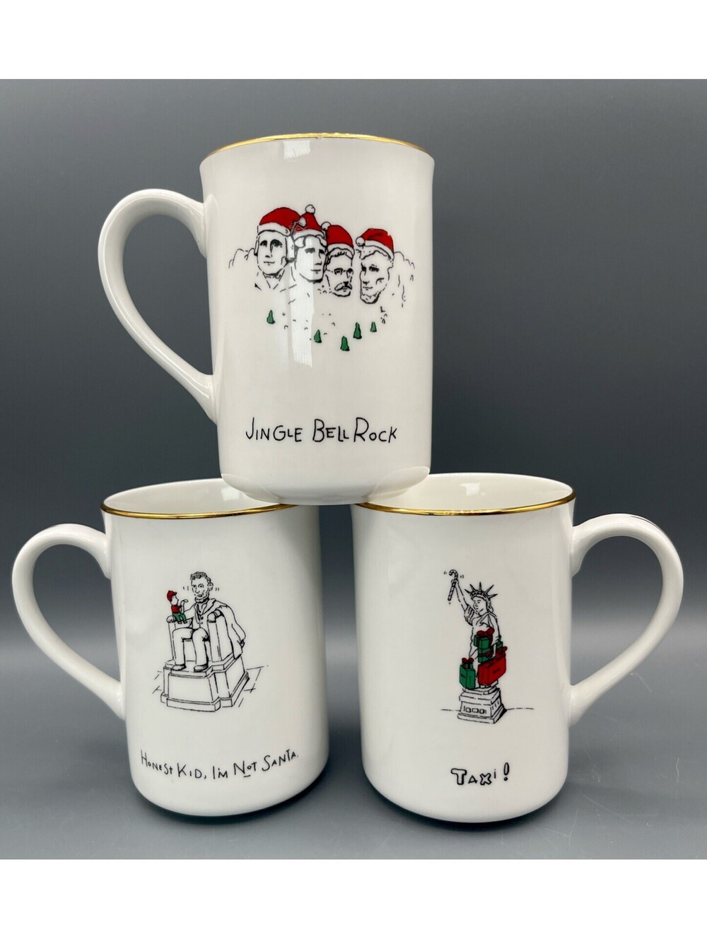 Merry Masterpieces 1999 First Edition Christmas Humor Mugs Dayton Hudson Set 3